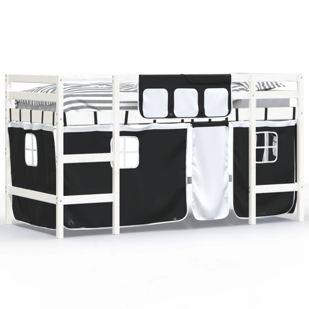 vidaXL Cama alta niños con cortinas madera pino blanco negro 90x190 cm