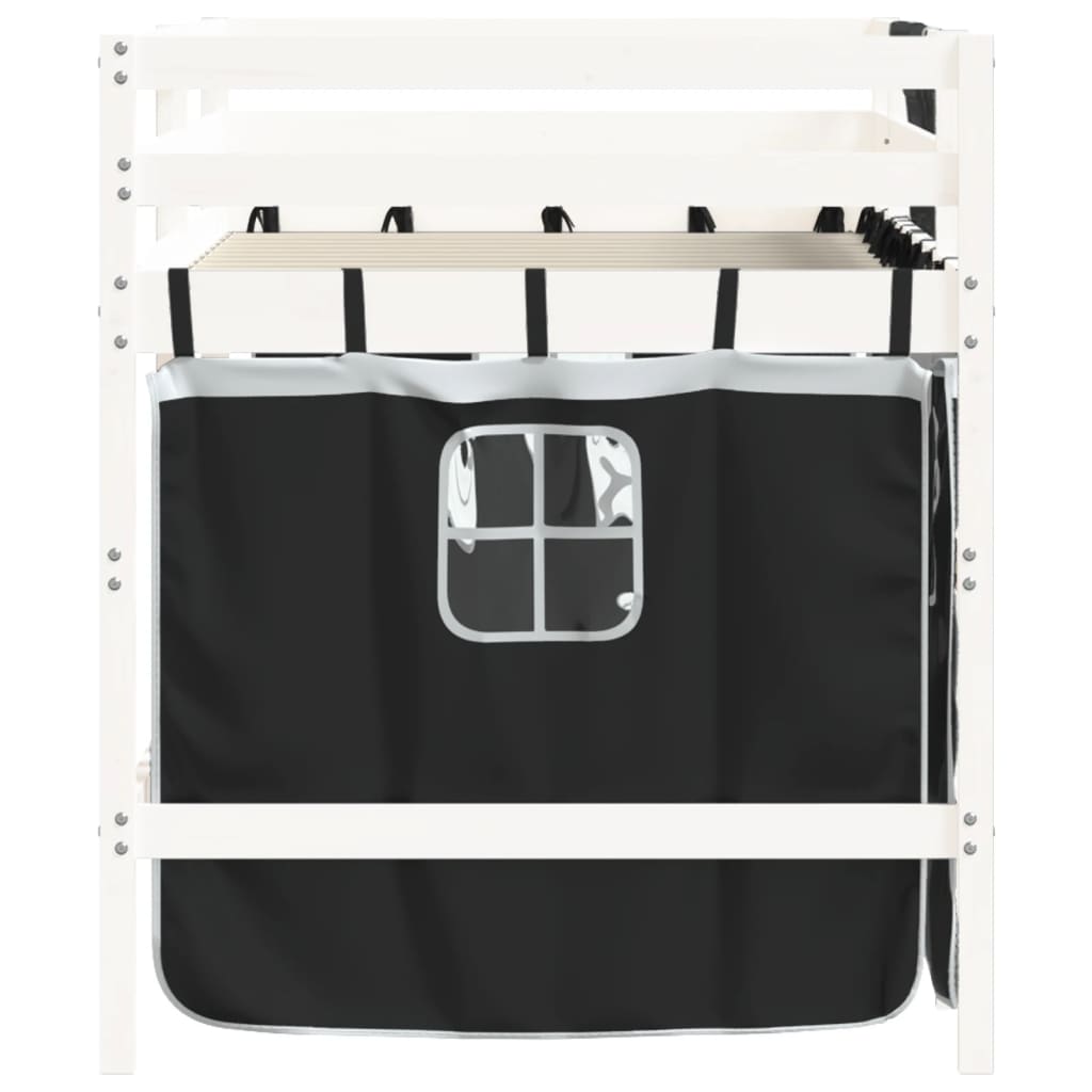 vidaXL Cama alta niños con cortinas madera pino blanco negro 90x190 cm