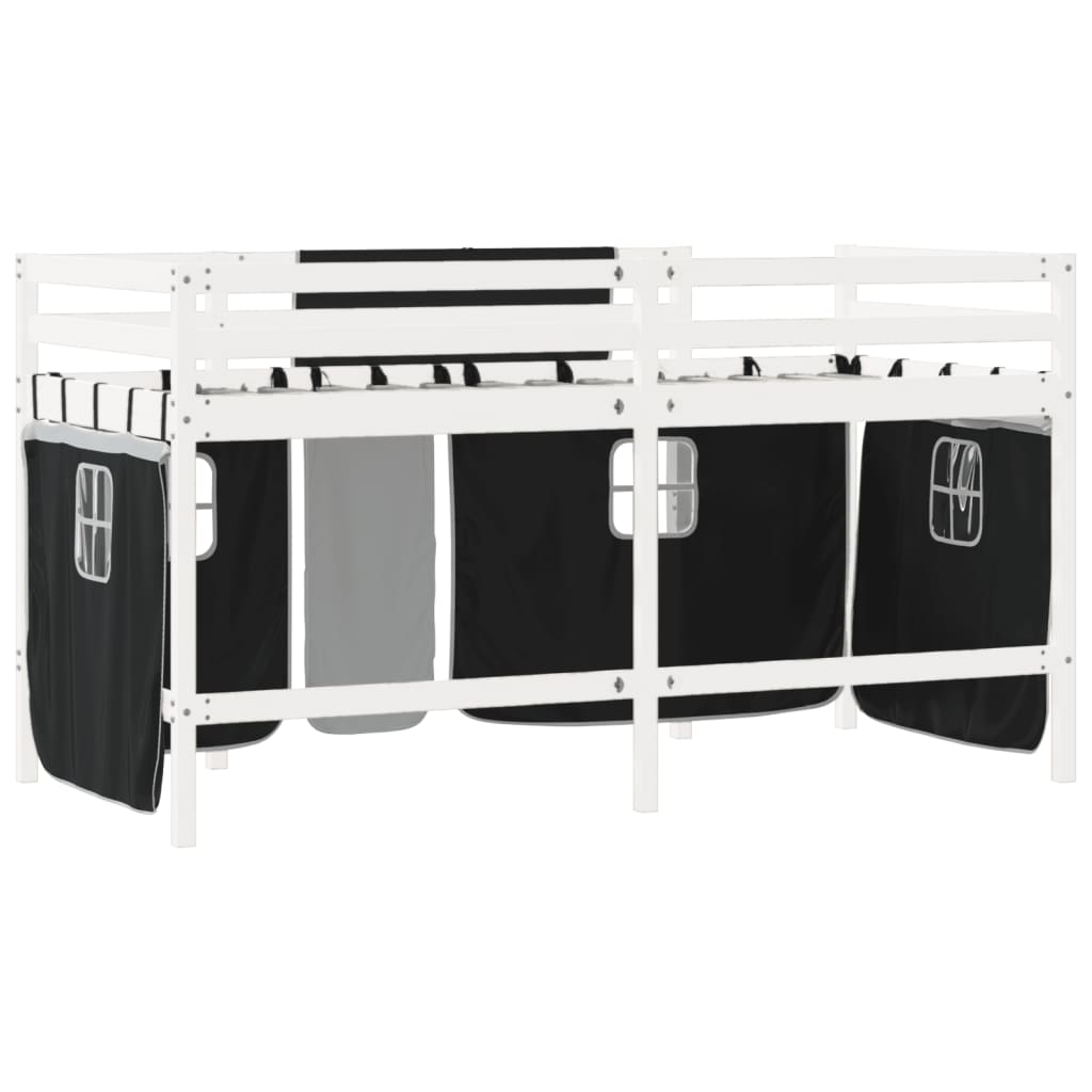 vidaXL Cama alta niños con cortinas madera pino blanco negro 90x190 cm