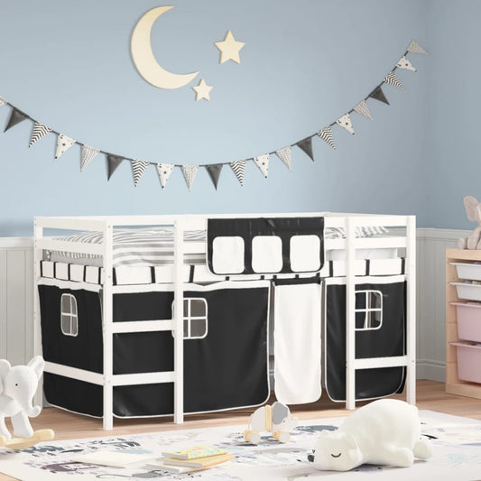 vidaXL Cama alta niños con cortinas madera pino blanco negro 90x190 cm