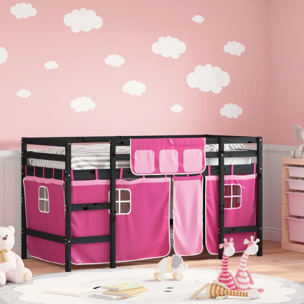 vidaXL Cama alta para niños con cortinas madera pino rosa 90x190 cm