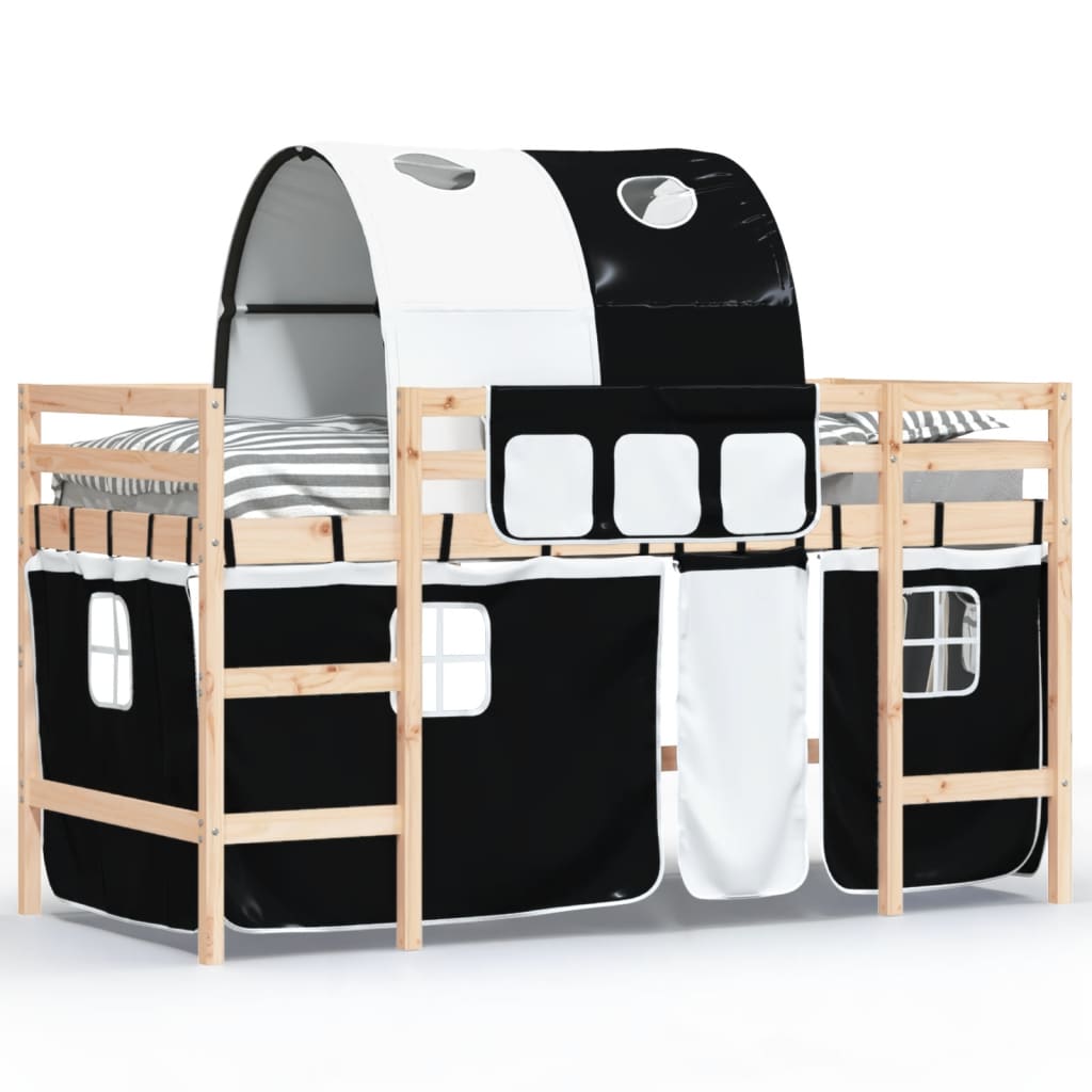 vidaXL Cama alta niños con túnel madera pino blanco negro 90x190 cm