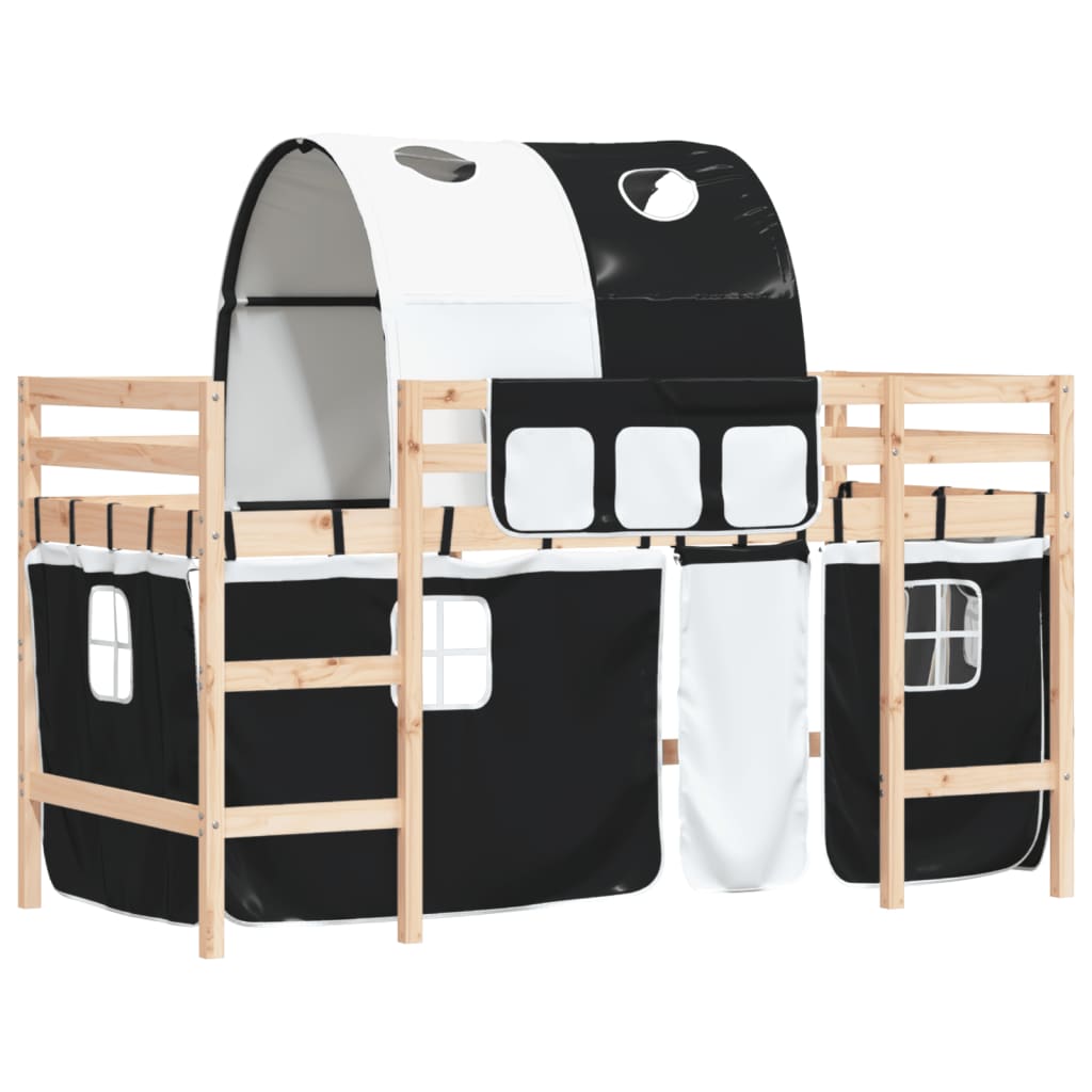 vidaXL Cama alta niños con túnel madera pino blanco negro 90x190 cm