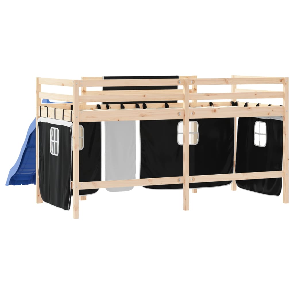 vidaXL Cama alta niños con cortinas madera pino blanco negro 80x200 cm