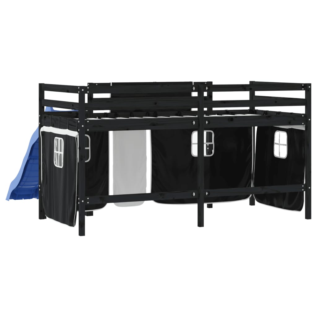 vidaXL Cama alta niños con cortinas madera pino blanco negro 90x200 cm