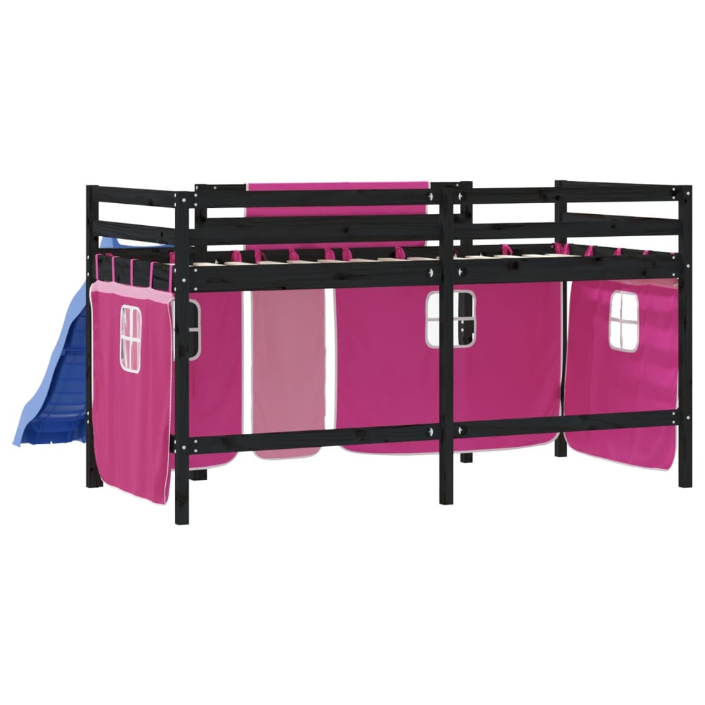 vidaXL Cama alta para niños con cortinas madera pino rosa 90x200 cm