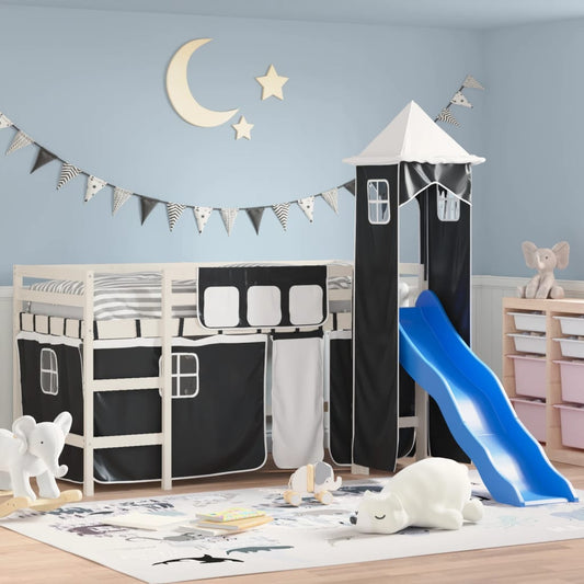 vidaXL Cama alta niños con torre madera pino blanco negro 80x200 cm