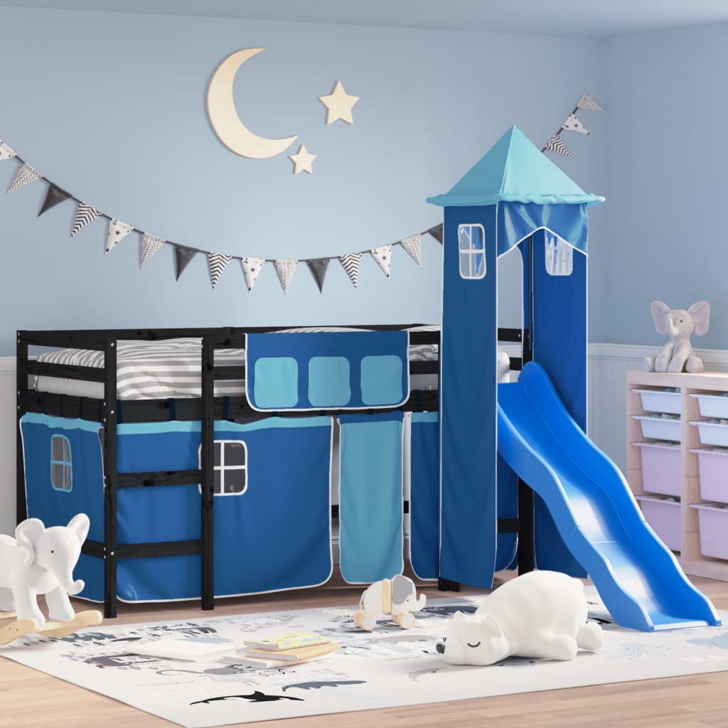 vidaXL Cama alta para niños con torre madera pino azul 90x200 cm