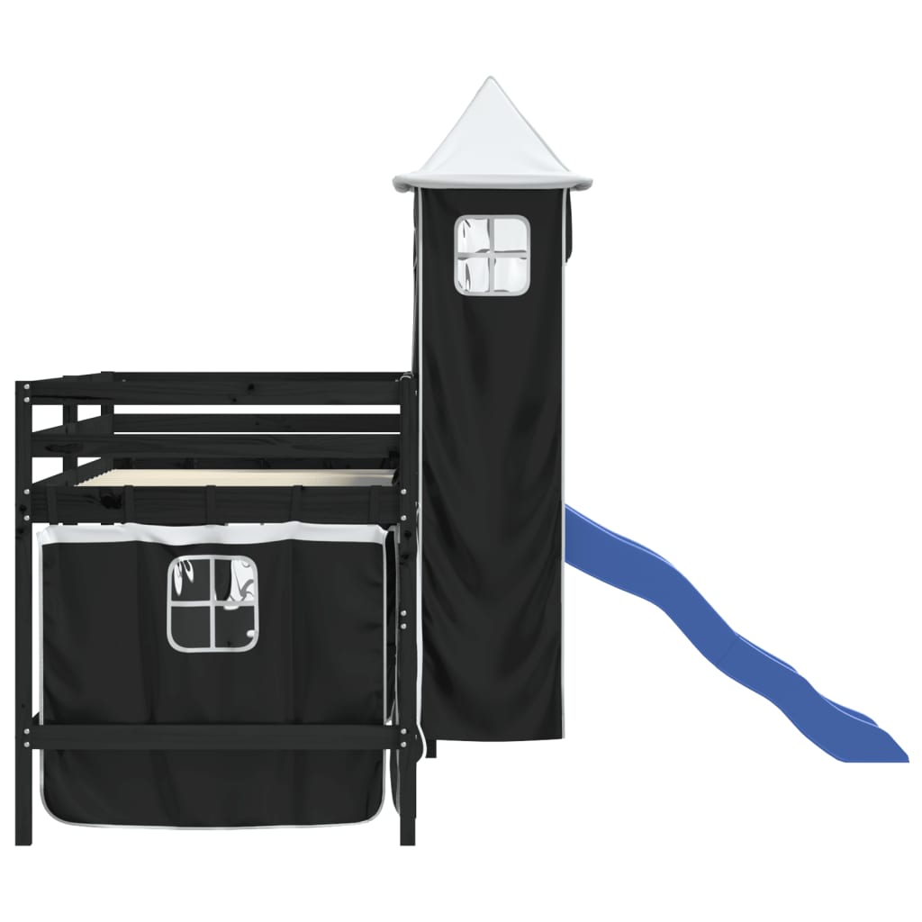 vidaXL Cama alta niños con torre madera pino blanco negro 90x190 cm