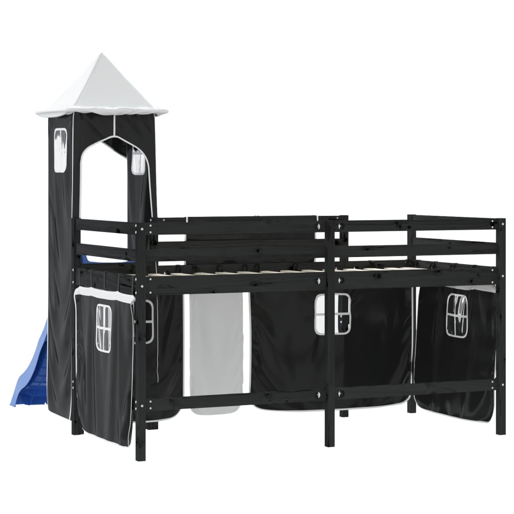 vidaXL Cama alta niños con torre madera pino blanco negro 90x190 cm