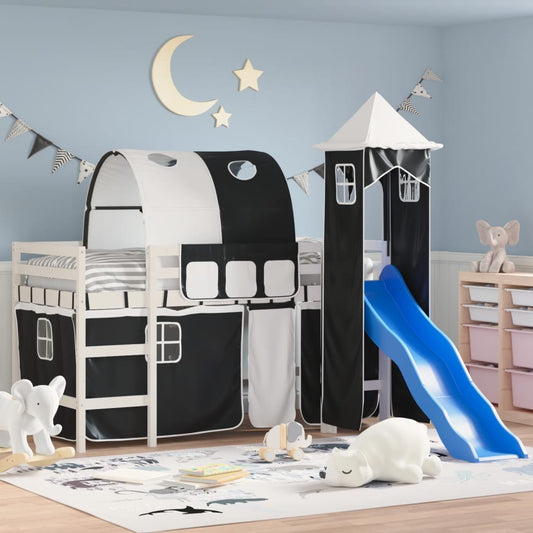 vidaXL Cama alta niños con torre madera pino blanco negro 90x190 cm