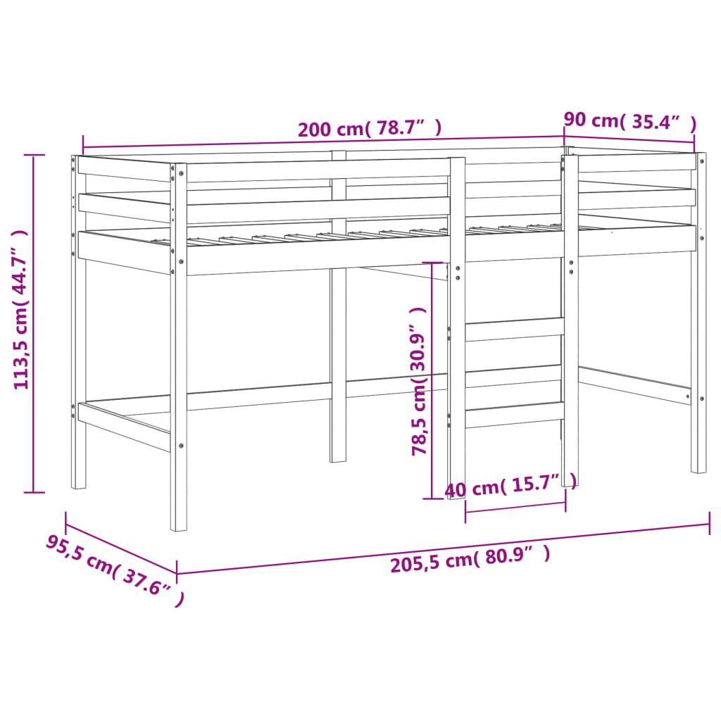 vidaXL Cama alta de niños escalera madera maciza pino negra 90x200 cm