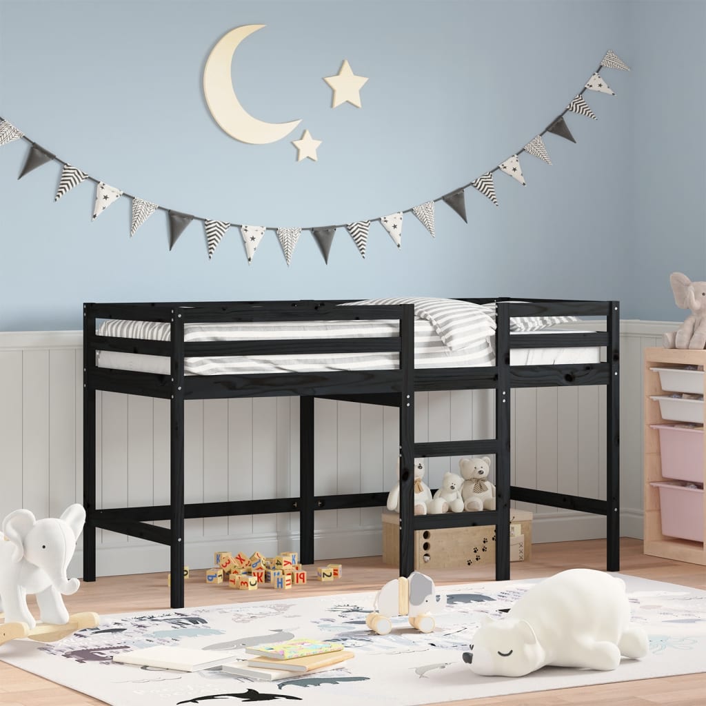 vidaXL Cama alta de niños escalera madera maciza pino negra 90x200 cm