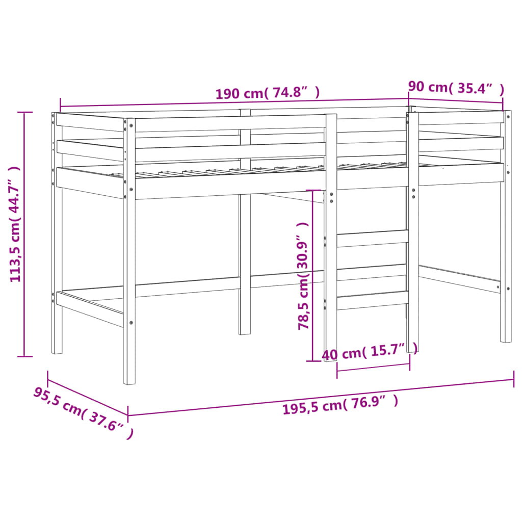 vidaXL Cama alta de niños con escalera madera maciza blanca 90x200 cm