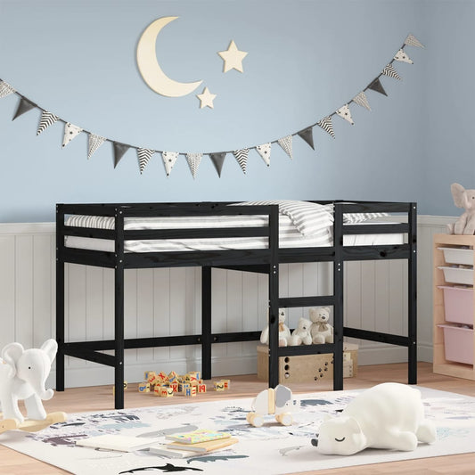 vidaXL Cama alta de niños escalera madera maciza pino negra 90x190 cm