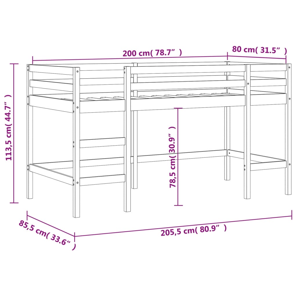 vidaXL Cama alta de niños escalera madera maciza pino blanco 80x200 cm