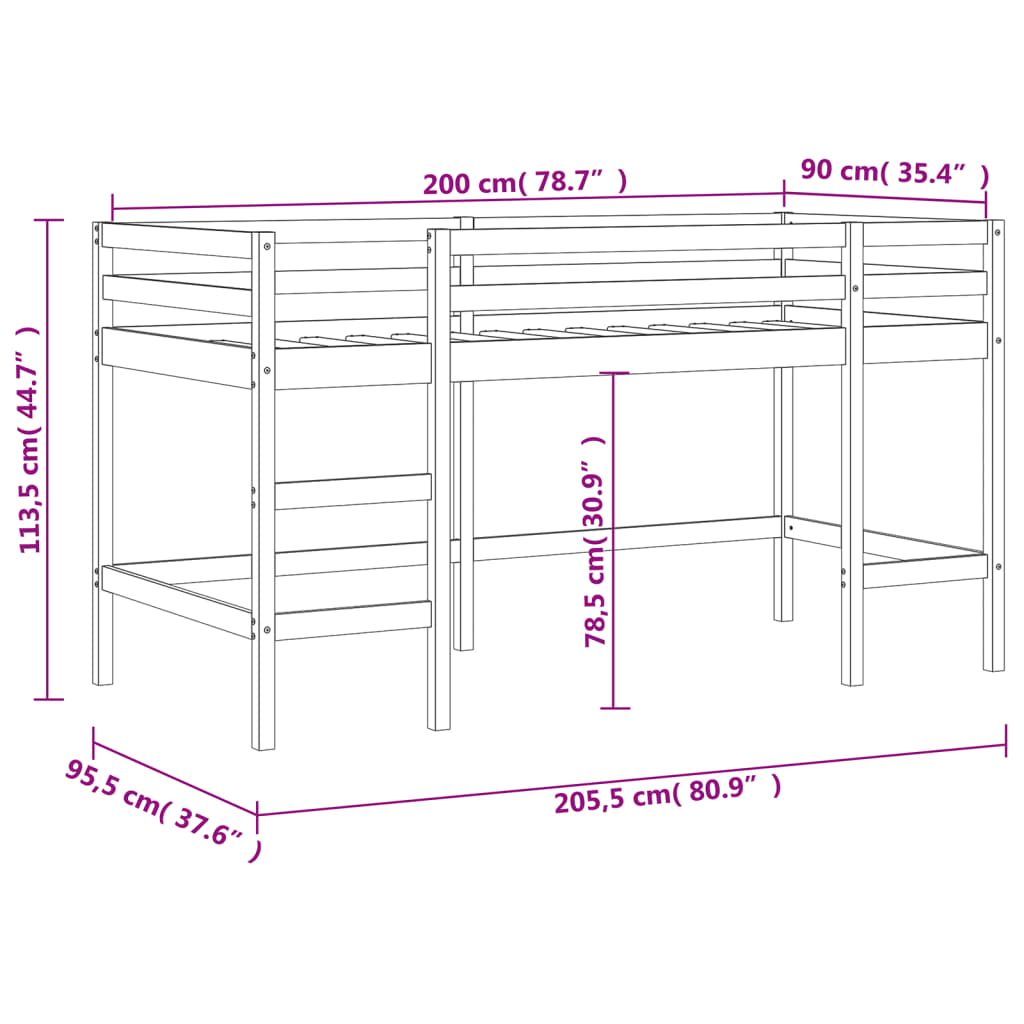 vidaXL Cama alta de niños escalera madera maciza pino negra 90x200 cm