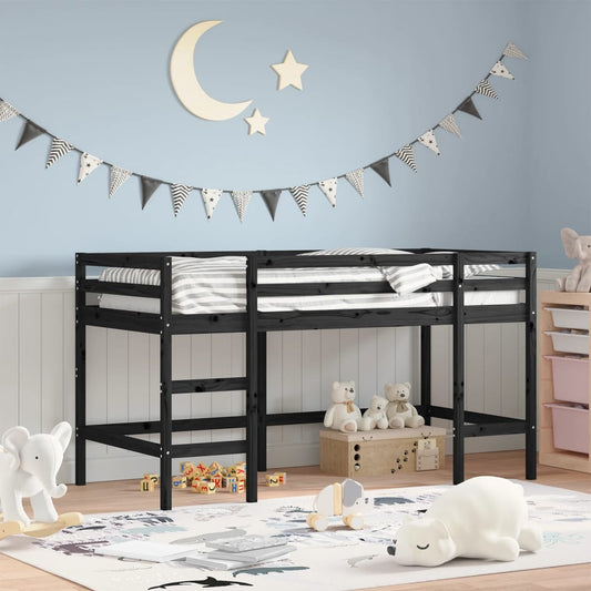 vidaXL Cama alta de niños escalera madera maciza pino negra 90x200 cm