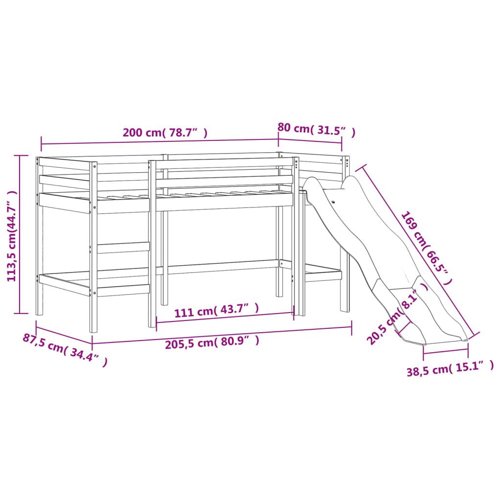 vidaXL Cama alta de niños con escalera madera maciza blanca 80x200 cm