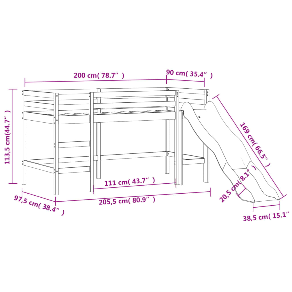 vidaXL Cama alta de niños con tobogán madera maciza negra 90x200 cm