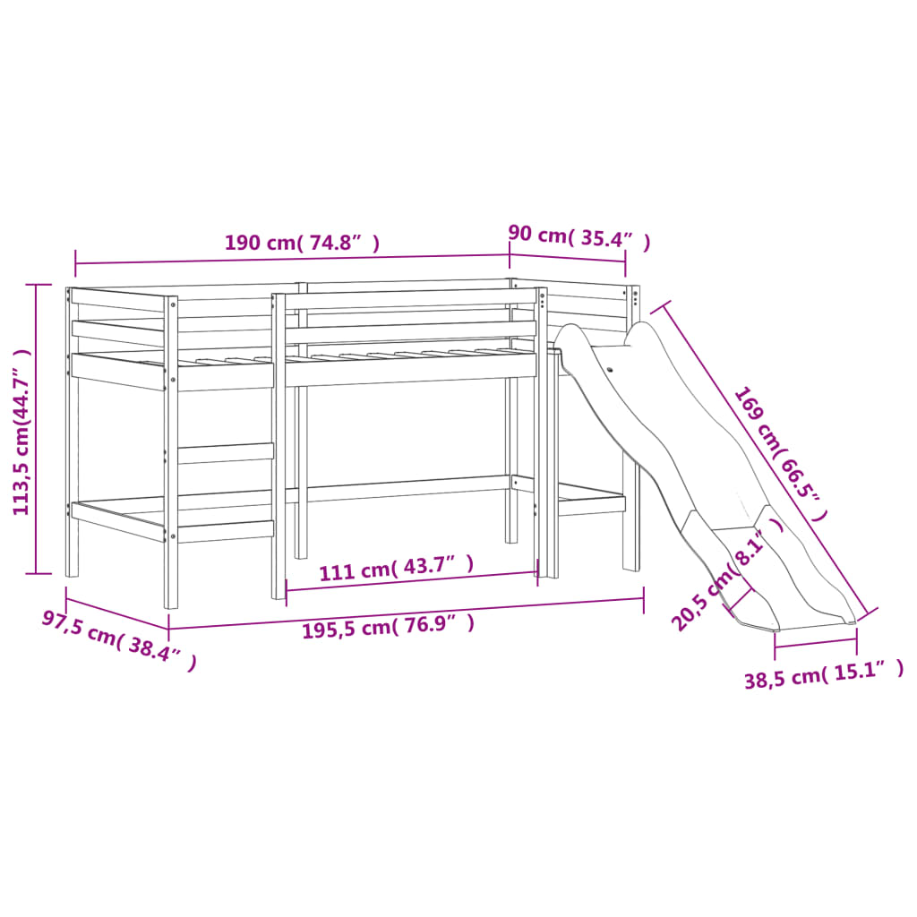 vidaXL Cama alta de niños con tobogán madera maciza blanca 90x190 cm