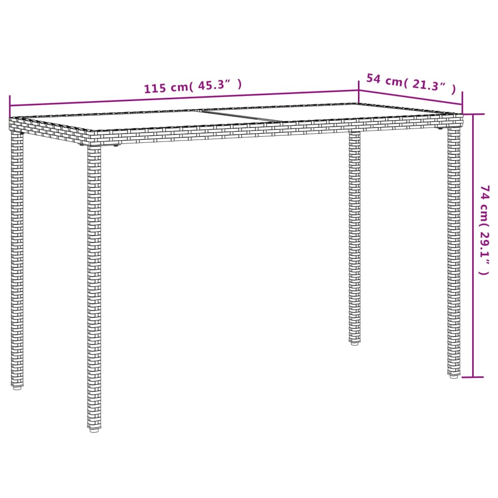 vidaXL Mesa de jardín superficie de vidrio ratán PE beige 115x54x74 cm