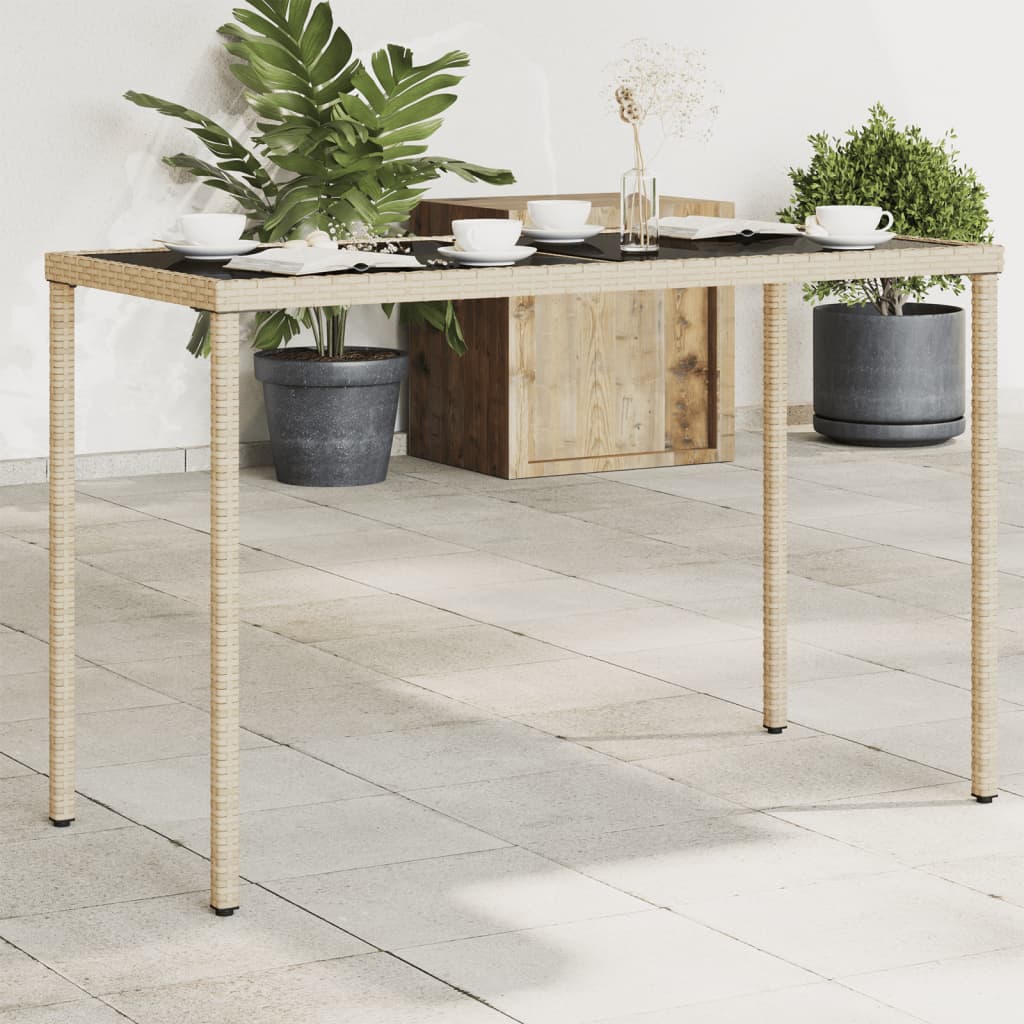 vidaXL Mesa de jardín superficie de vidrio ratán PE beige 115x54x74 cm