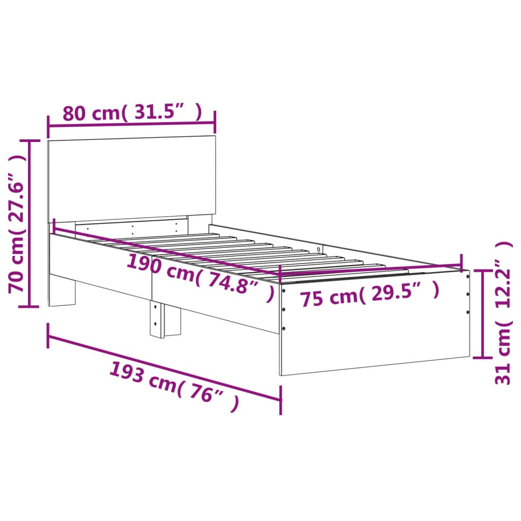 vidaXL Cama con cabecero madera de ingeniería roble ahumado 75x190 cm