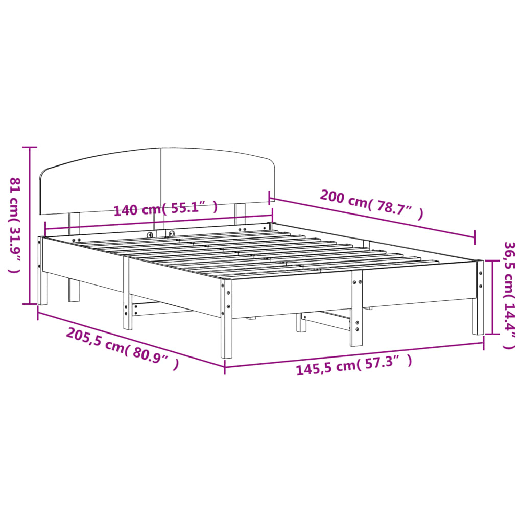 vidaXL Cama sin colchón madera maciza de pino marrón cera 140x200 cm