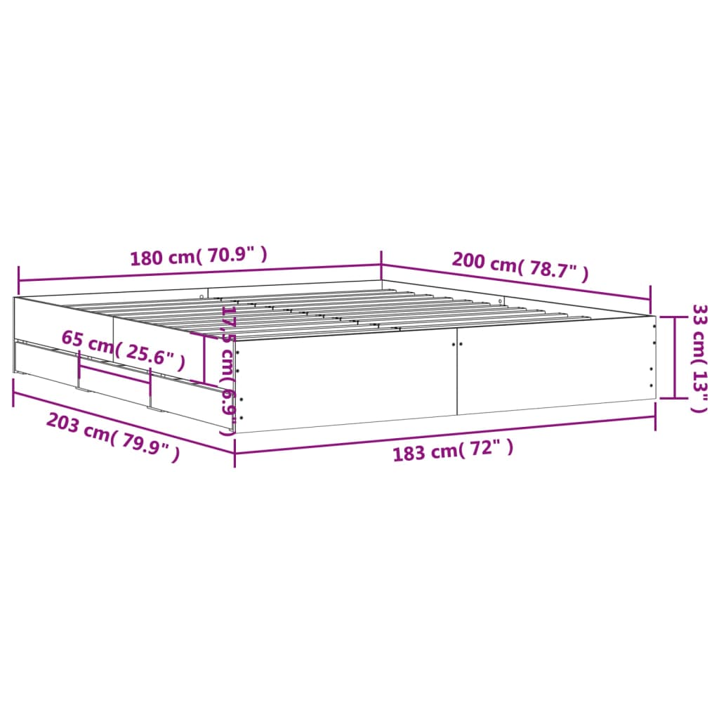 vidaXL Cama con cajones madera ingeniería gris hormigón 180x200 cm