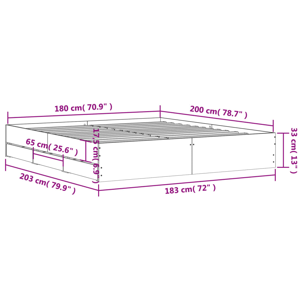 vidaXL Cama con cajones madera ingeniería marrón roble 180x200 cm