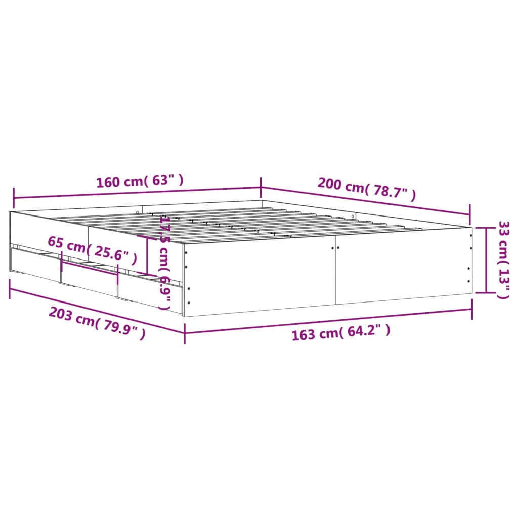 vidaXL Cama con cajones madera ingeniería gris hormigón 160x200 cm