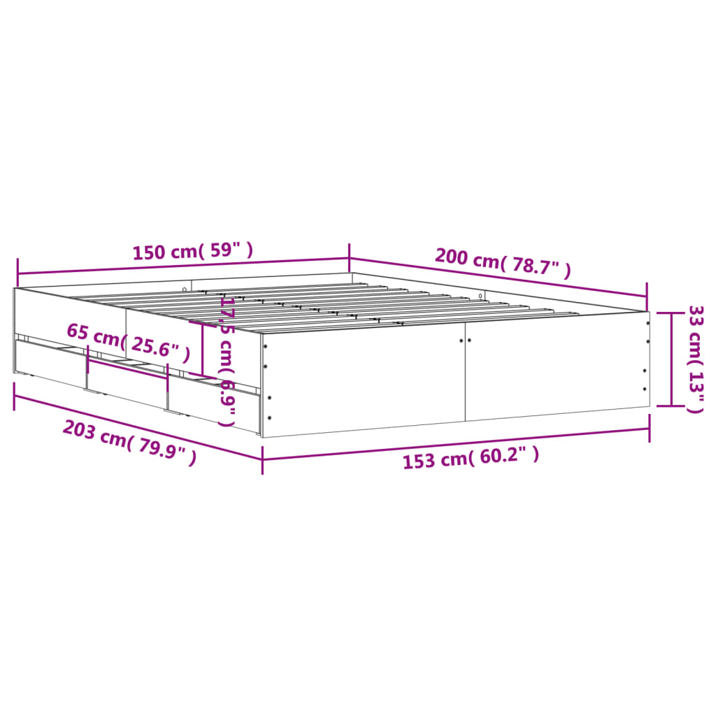 vidaXL Cama con cajones madera ingeniería gris Sonoma 150x200 cm