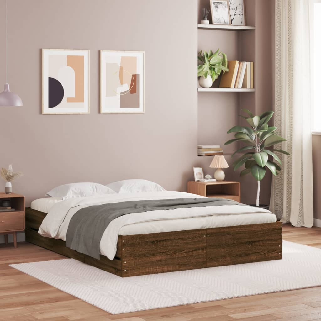 vidaXL Cama con cajones madera de ingeniería marrón roble 150x200 cm