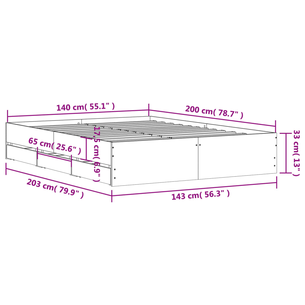 vidaXL Cama con cajones madera ingeniería gris Sonoma 140x200 cm