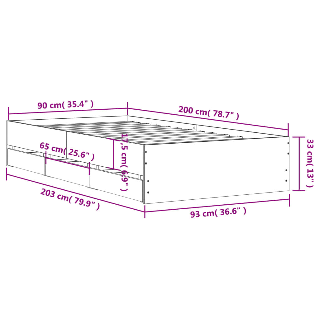 vidaXL Cama con cajones madera de ingeniería marrón roble 90x200 cm