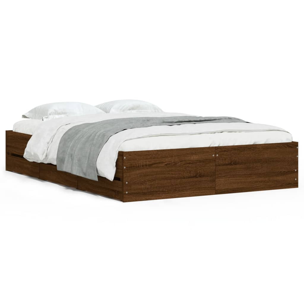 vidaXL Cama con cajones madera de ingeniería marrón roble 135x190 cm