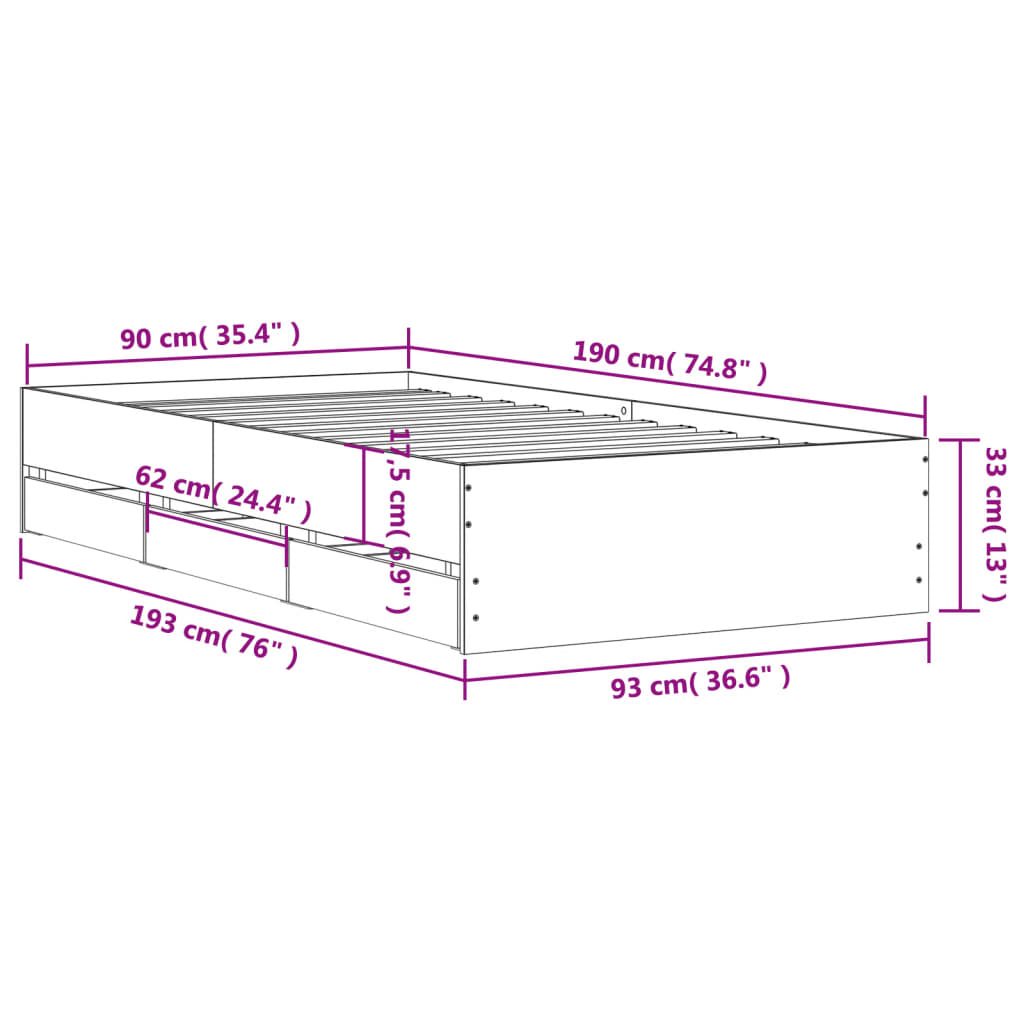 vidaXL Cama con cajones madera de ingeniería gris Sonoma 90x190 cm