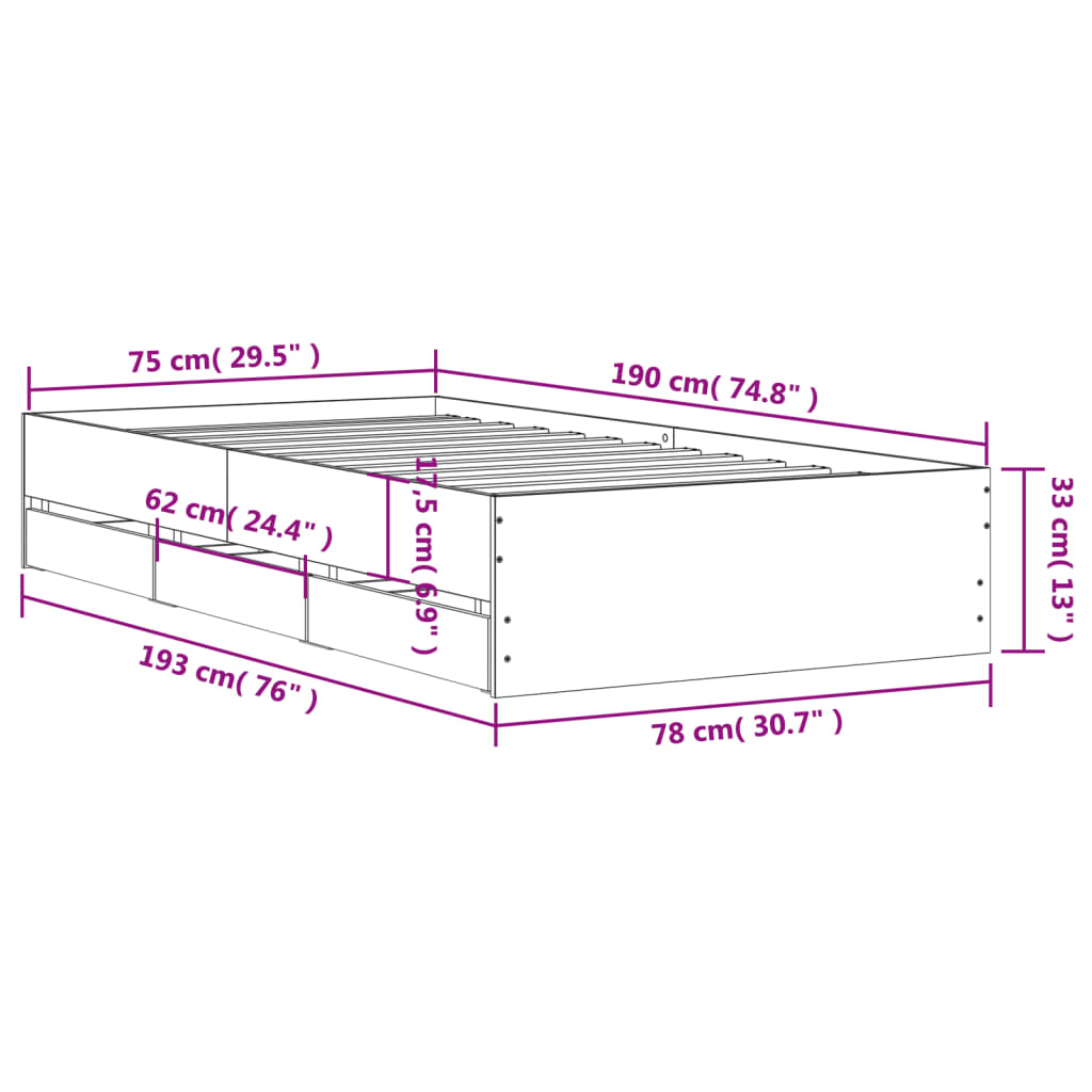 vidaXL Cama con cajones madera ingeniería roble Sonoma 75x190 cm