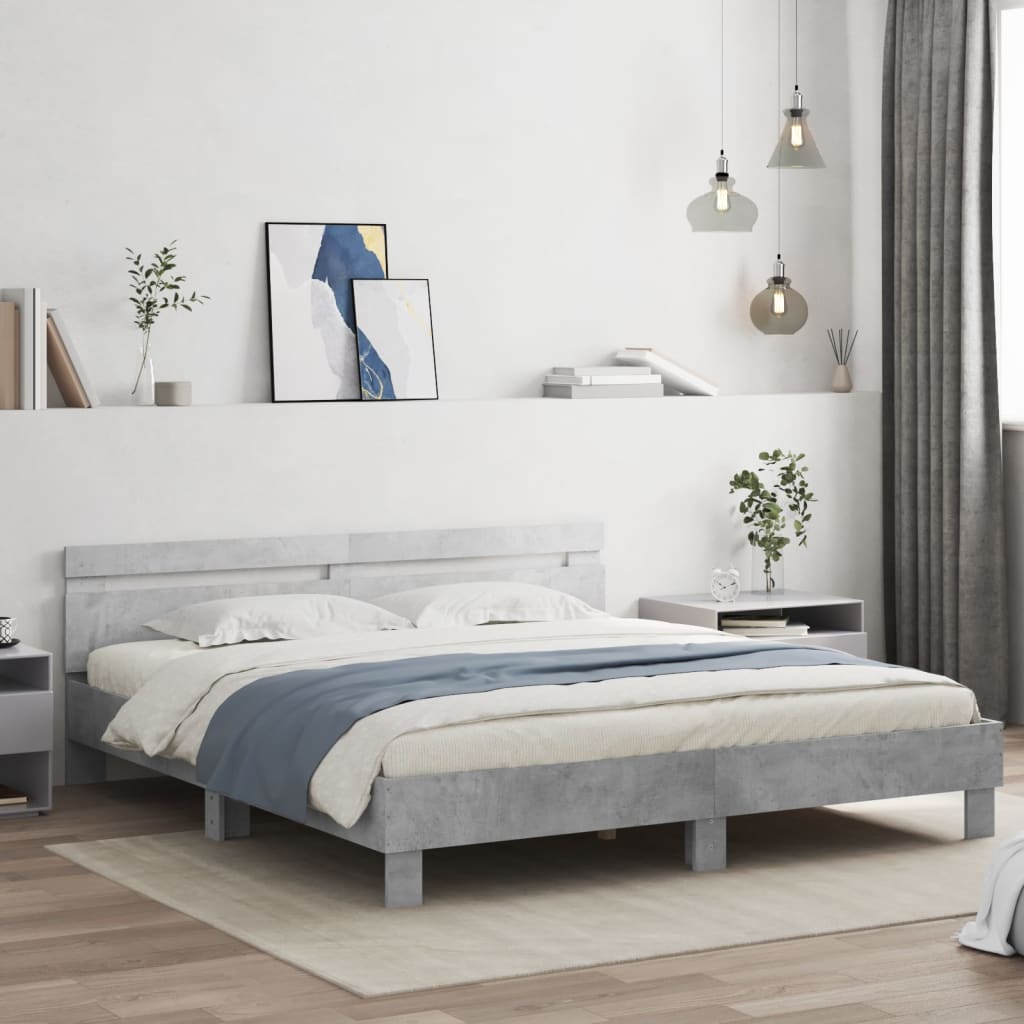 vidaXL Cama con cabecero madera ingeniería gris hormigón 200x200 cm