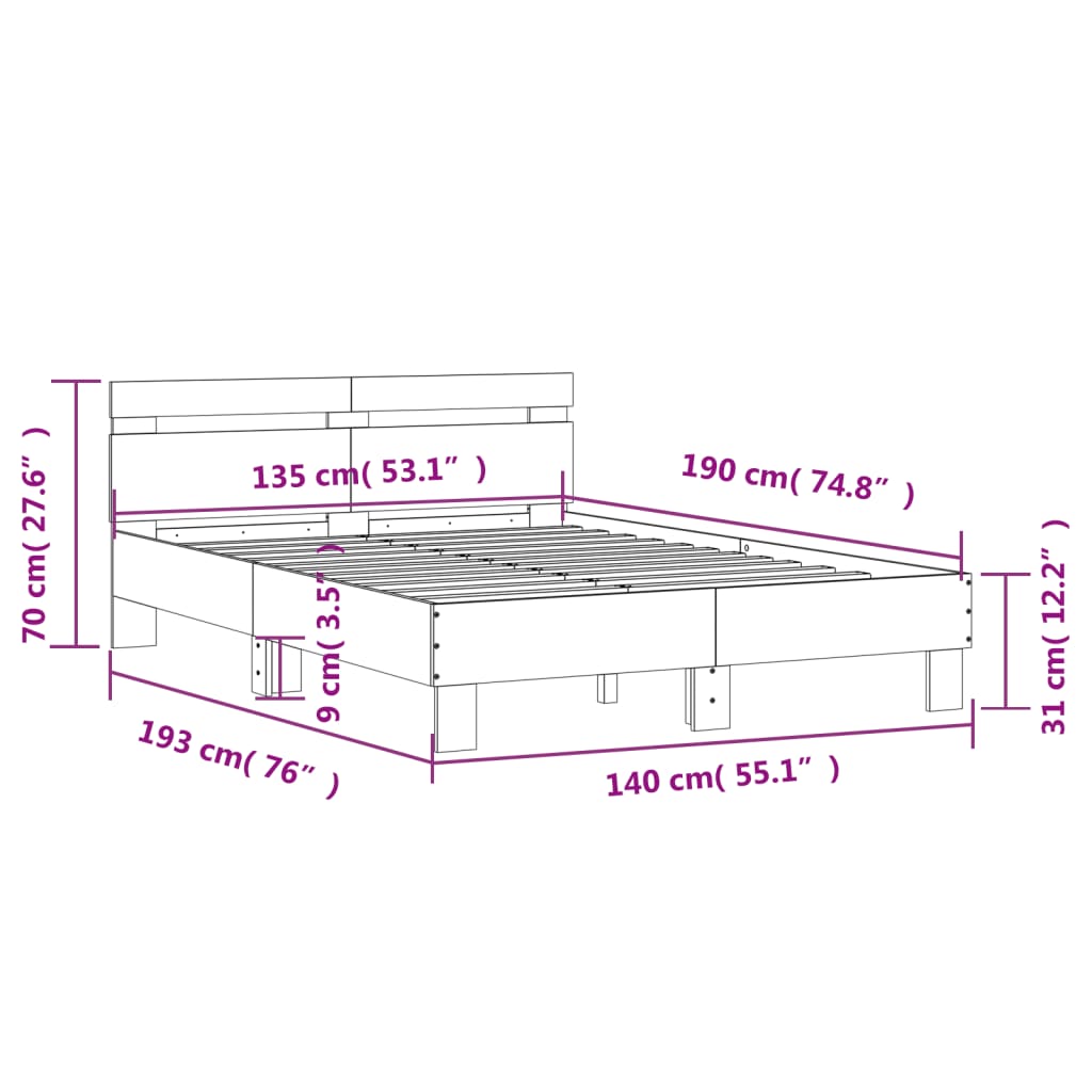 vidaXL Cama con cabecero madera de ingeniería gris hormigón 135x190 cm