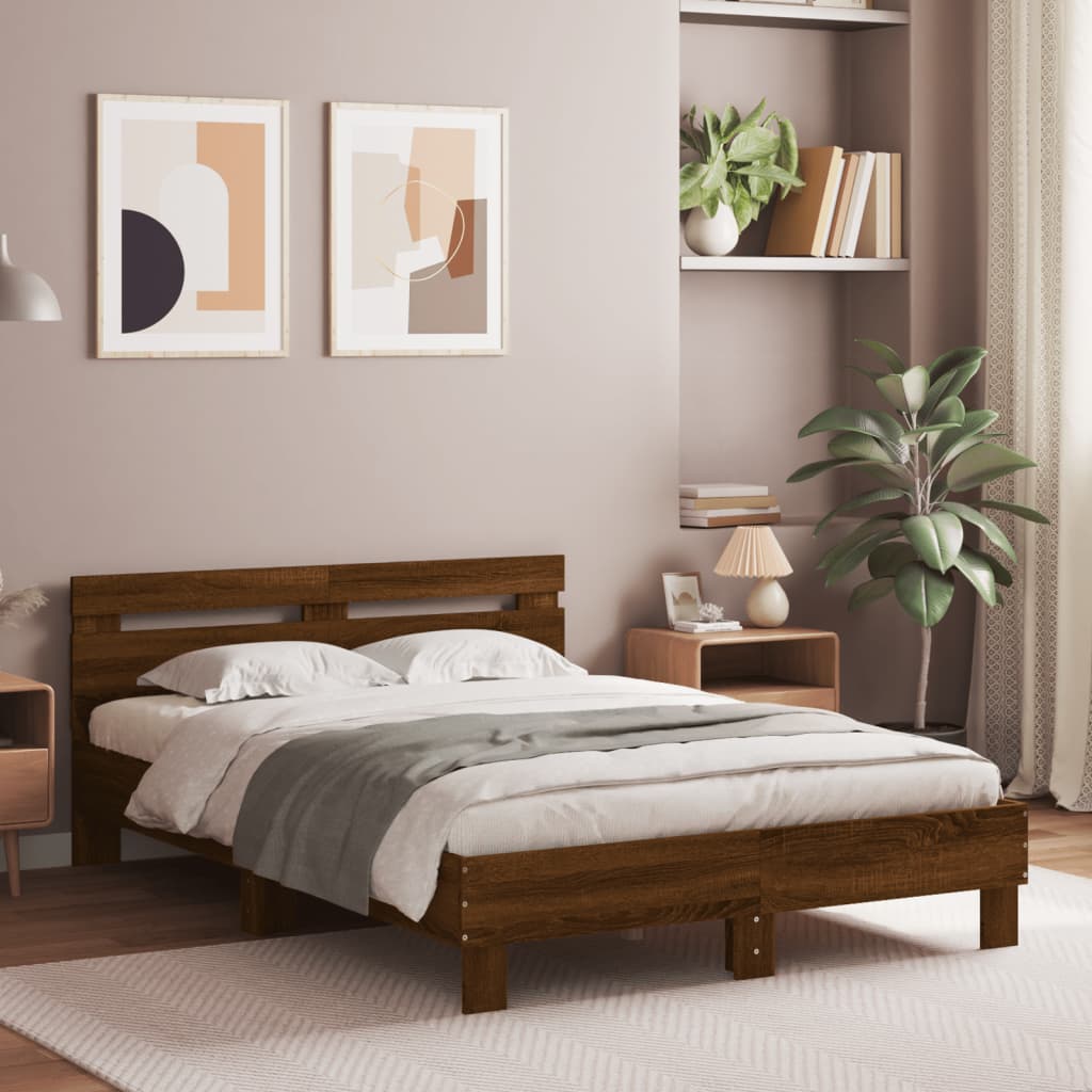 vidaXL Cama con cabecero madera de ingeniería marrón roble 135x190 cm