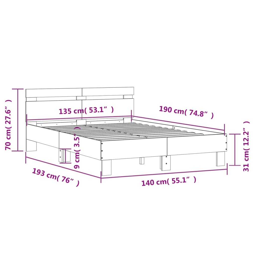 vidaXL Cama con cabecero madera de ingeniería marrón roble 135x190 cm