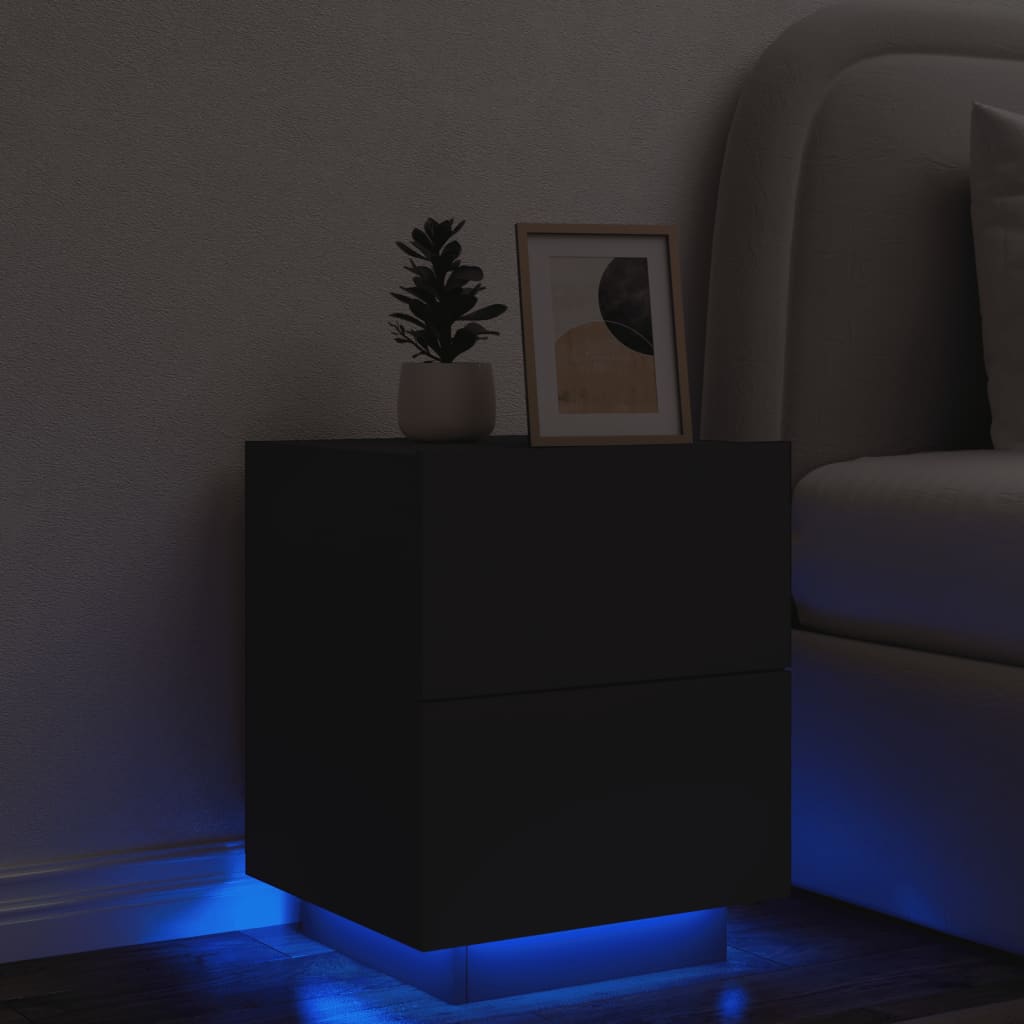 vidaXL Mesita de noche con luces LED madera de ingeniería negra