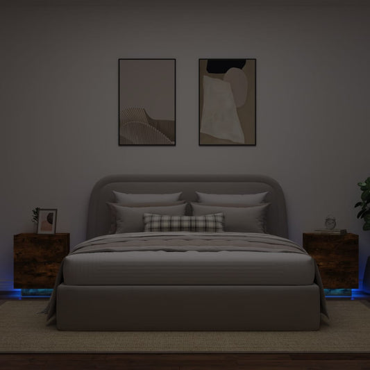 vidaXL Mesita de noche luces LED 2 uds madera ingeniería roble ahumado