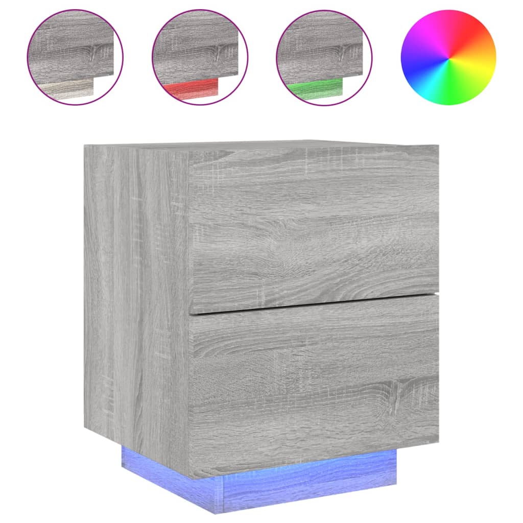 vidaXL Mesitas de noche luces LED 2 uds madera ingeniería gris Sonoma