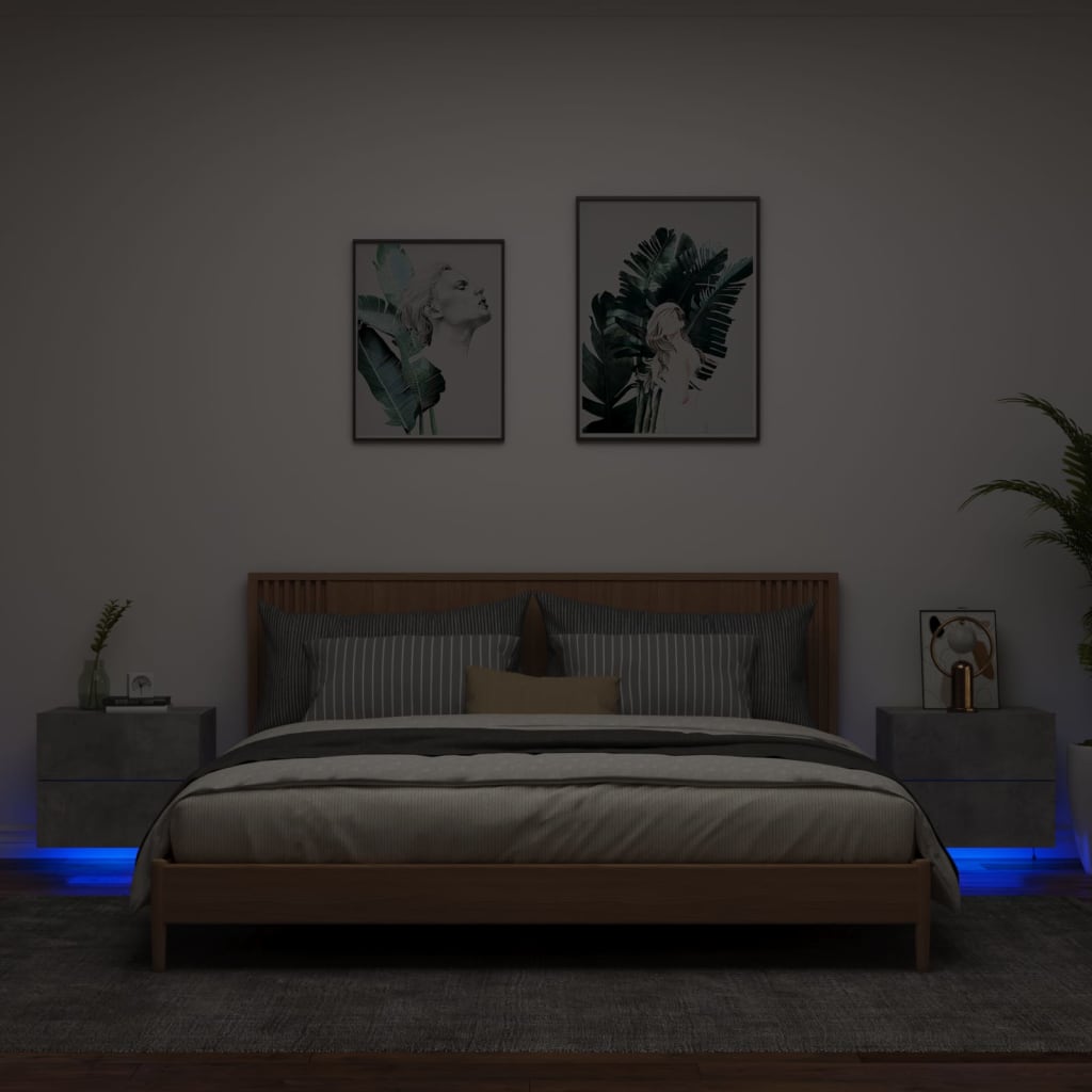 vidaXL Mesitas de noche de pared con luces LED 2 uds gris hormigón