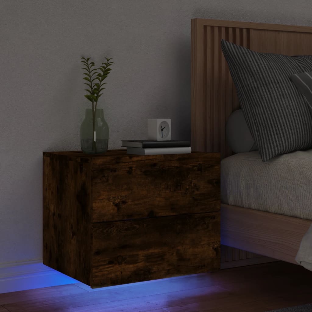 vidaXL Mesita de noche de pared con luces LED roble ahumado