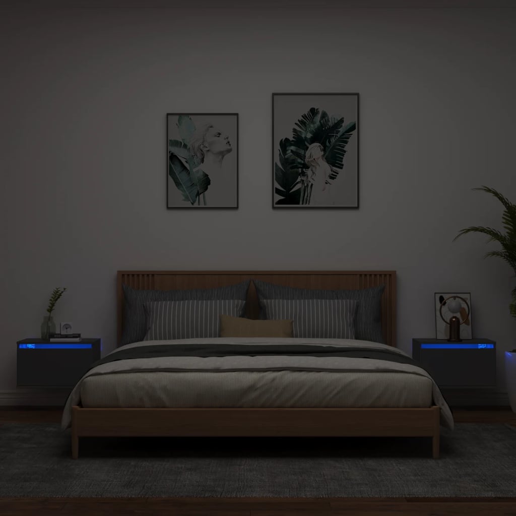 vidaXL Mesitas de noche de pared con luces LED 2 unidades negro