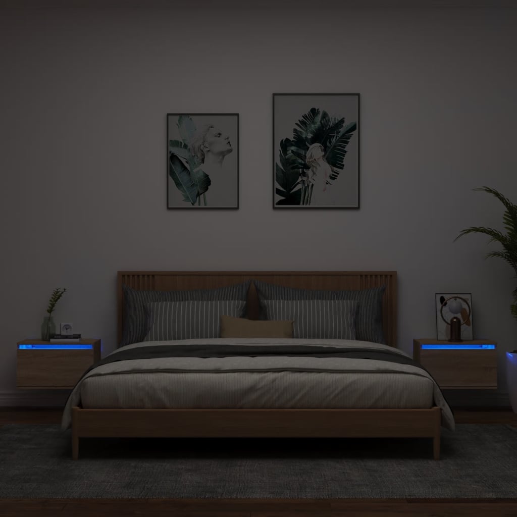 vidaXL Mesitas de noche de pared con luces LED 2 unidades roble Sonoma